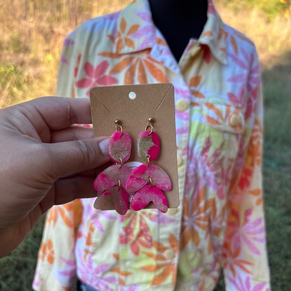 Dangle Drop Earrings - Pink, Gold, Statement Fashion Handmade polymer clay - Picture 2 of 2